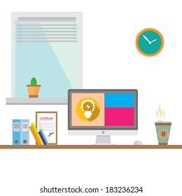 Flat design vector illustration of modern office interior with in minimalistic flat style and color.