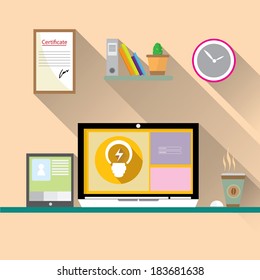 Flat design vector illustration of modern office interior with in minimalistic flat style and color.