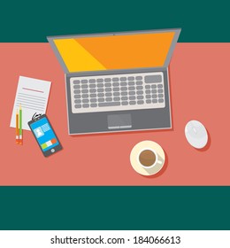 Flat design vector illustration of modern office interior with in minimalistic flat style and color.