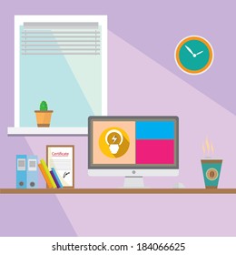 Flat design vector illustration of modern office interior with in minimalistic flat style and color.