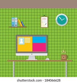 Flat design vector illustration of modern office interior with in minimalistic flat style and color.