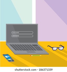 Flat design vector illustration of modern office interior with in minimalistic flat style and color.