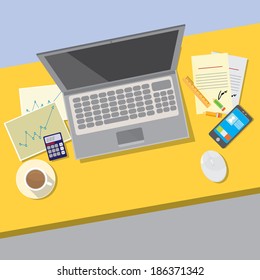 Flat design vector illustration of modern office interior with in minimalistic flat style and color.