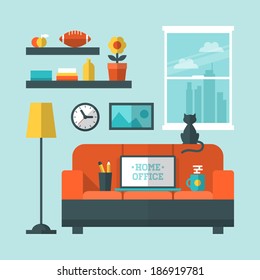 Flat Design Vector Illustration Of Modern Home Office Interior With Sofa And Laptop