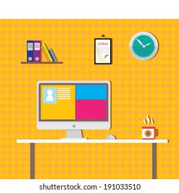 Flat design vector illustration of modern office interior with in minimalistic flat style and color.