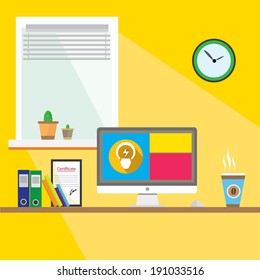 Flat design vector illustration of modern office interior with in minimalistic flat style and color.