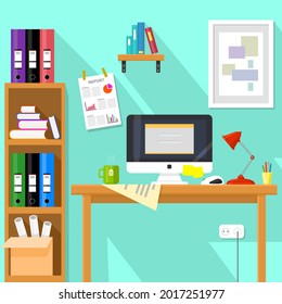 Flat design vector illustration of modern creative office workspace with computer and folders