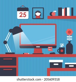Flat design vector illustration of modern office desk with computer