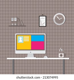 Flat design vector illustration of modern office interior with in minimalistic flat style and color.