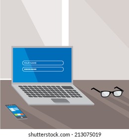 Flat design vector illustration of modern office interior with in minimalistic flat style and color.