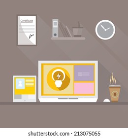 Flat design vector illustration of modern office interior with in minimalistic flat style and color.