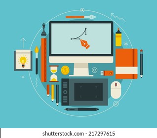 Flat design vector illustration of modern creative designer workspace, working elements for office, communication, designs development, social media, mobile devices, advertising. 