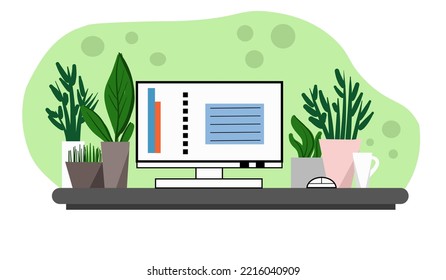 Flat Design Vector Illustration of Modern Office Interior. Creative Cartoon Office Workspace with Computer. Workspace with computer desk.