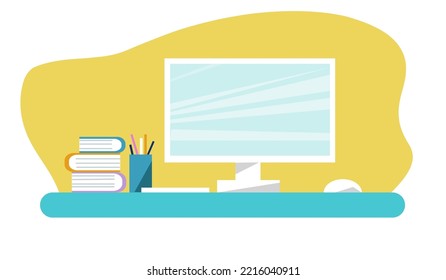 Flat Design Vector Illustration of Modern Office Interior. Creative Cartoon Office Workspace with Computer. Workspace with computer desk.