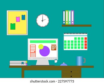 Flat design vector illustration of modern office interior with designer desktop showing design application with interface icons and elements in minimalistic style and color