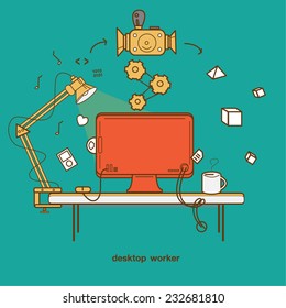 Flat design vector illustration of modern creative office workspace with computer.