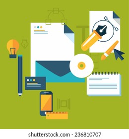 Flat design vector illustration of modern creative office workspace with computer.
