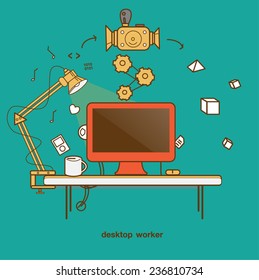 Flat design vector illustration of modern creative office workspace with computer.