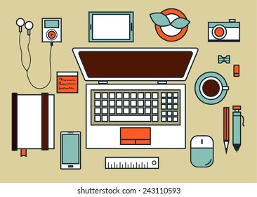 Flat design vector illustration of modern creative office workspace, with computer. The office of a creative worker. 
