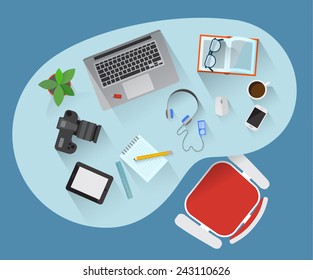 Flat design vector illustration of modern creative office workspace, with computer. The office of a creative worker. 