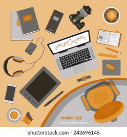 Flat design vector illustration of modern creative office workspace, with computer. The office of a creative worker. 