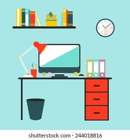 Flat design vector illustration of modern office interior with personal computer, book shelf, lamp and stationery in minimalistic flat style and colors. 