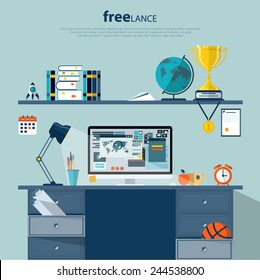 Flat design vector illustration of modern office interior with designer desktop showing design application with interface icons and elements in minimalistic style and color.