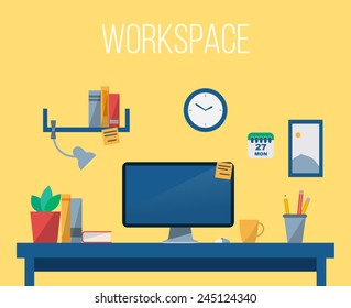 Flat design vector illustration of modern creative office workspace, with computer. The office of a creative worker.