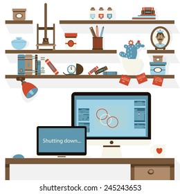 Flat design vector illustration of modern creative office workspace, with computer. The office of a creative worker.