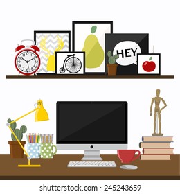 Flat design vector illustration of modern creative office workspace, with computer. The office of a creative worker.