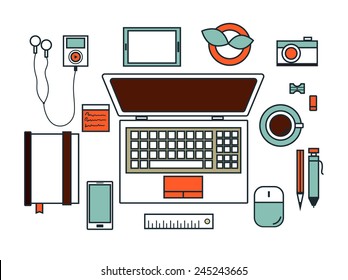 Flat design vector illustration of modern creative office workspace, with computer. The office of a creative worker.