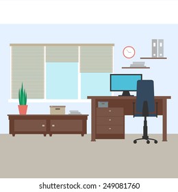 Flat Design Vector Illustration Of Modern Home Office Interior