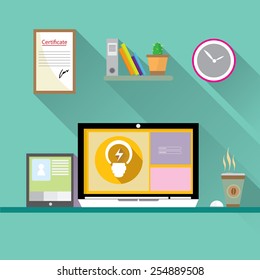 Flat design vector illustration of modern office interior with in minimalistic flat style and color.