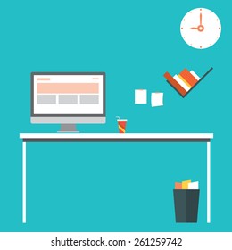 Flat design vector illustration of modern home office interior with designer desktop