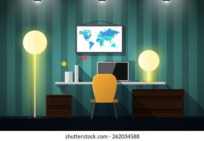 Flat design vector illustration of modern creative office workspace,workplace with computer.