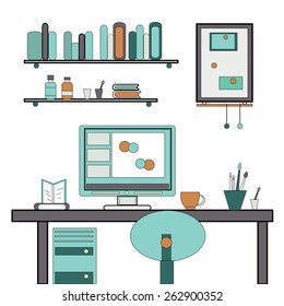 Flat design vector illustration of modern creative office or home workspace, workplace of student with computer.