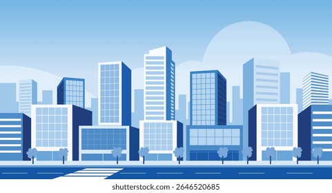 Flat design vector illustration of a modern city skyline with tall urban buildings