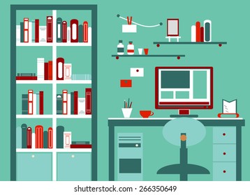 Flat design vector illustration of modern creative  home cabinet, workplace with computer and library.