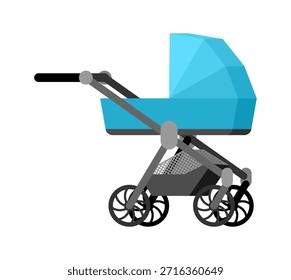 Ilustración vectorial de diseño plano de un cochecito de bebé azul moderno. Concepto de cuidado de la paternidad, la infancia y el bebé. Aislado en blanco.