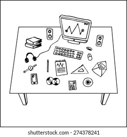 Flat design vector illustration of modern workspace, computer desk, freehand pencil