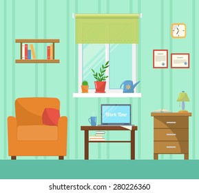 Flat design vector illustration of modern home office. Creative room interior with armchair and laptop. Workspace for freelancer and home work.