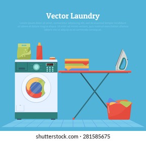 Flat design vector illustration of modern laundry room with washing machine and ironing board . Washing clothes