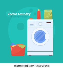 Flat design vector illustration of modern laundry  with washing machine and ironing board . Washing clothes