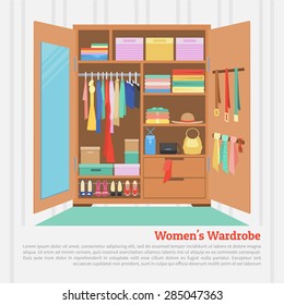 Flat design vector illustration of modern wardrobe room full of women's cloths.