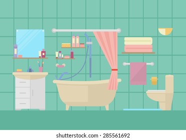 Flat design vector illustration of modern bathroom interior with furniture