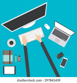 Flat design vector illustration of modern creative office workspace, The office of a creative worker.