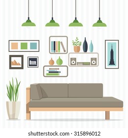 Flat design vector illustration of modern home interior with sofa