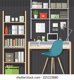Flat design vector illustration of modern home office interior and laptop