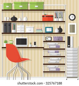 Flat design vector illustration of modern home office interior and laptop