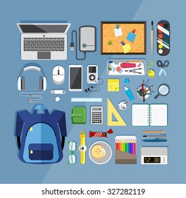 Flat design vector illustration of modern items for school 